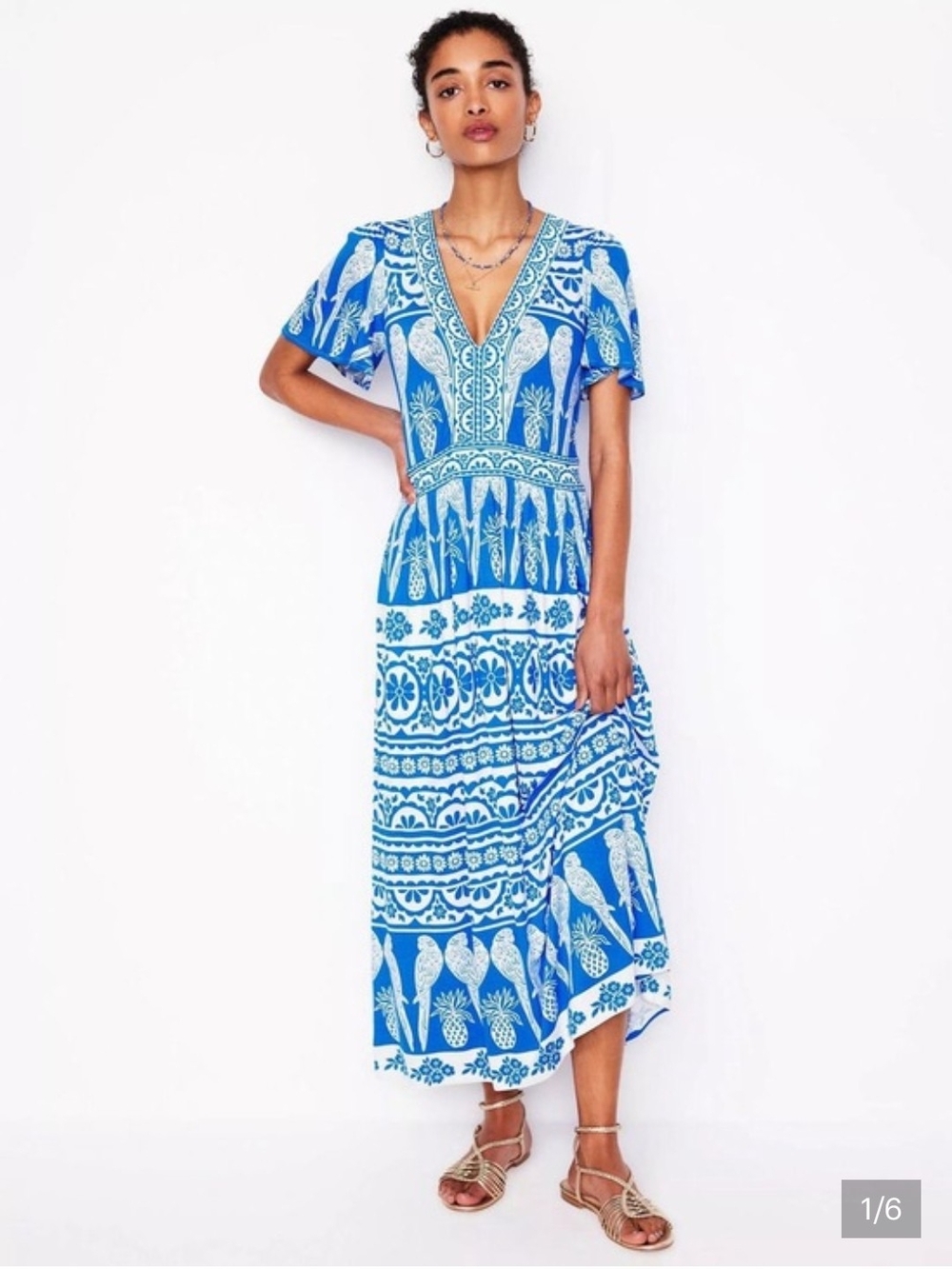 Boden Blue and White Printed V-Neck Maxi Dress